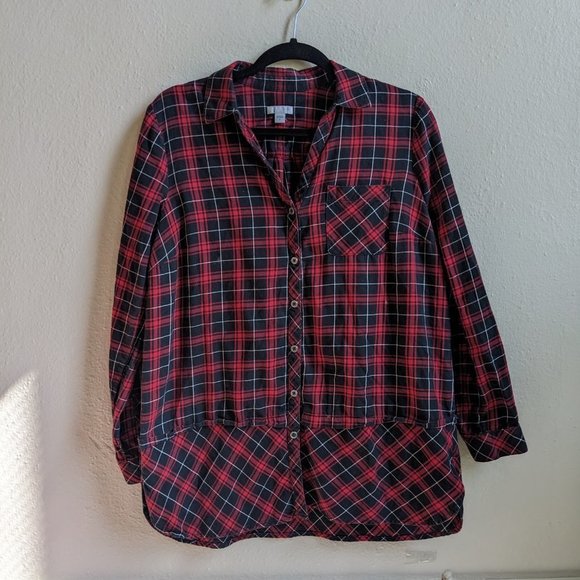J. Jill red and black buffalo plaid curved hem button down tunic size small - Picture 2 of 9